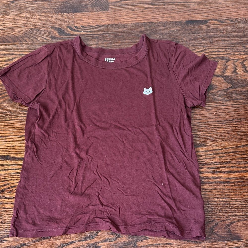 Sunday Beat - Maroon Tee with Cat Patch